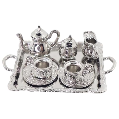 Mskmnkot Mini -Tee -Set, Metall 1/12 Miniature -Tee -Set, Vintage -Muster winzig, dekorative Mini -Tassen -Tablett -Kit für Dollhouse House Ornamentmini von Mskmnkot