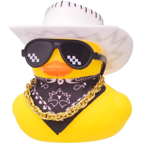 MuMyer Gummi-Ente Auto-Ornamente, gelbe Ente, Auto-Armaturenbrett-Dekorationen, Zubehör mit Mini-Cowboyhut, Schal, Halskette und Sonnenbrille (D6) von MuMyer