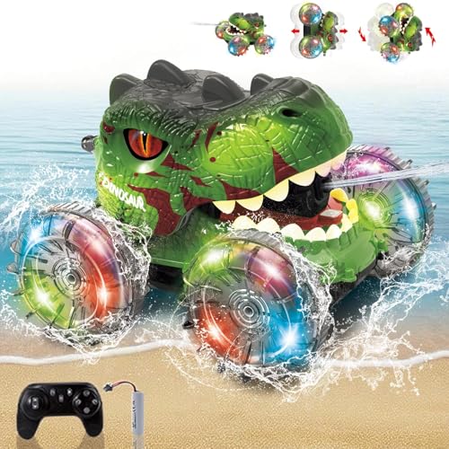 Muakiz Dinosaurier Amphibienfahrzeug Ferngesteuert Auto: 4WD RC Auto mit Wasserpistole - IPX7 Wasserdicht 360°Flips Monster Truck - Dino Spielzeug ab 3-12 Jahre Kinder für Geburtstagsgeschenk, Outdoor von Muakiz