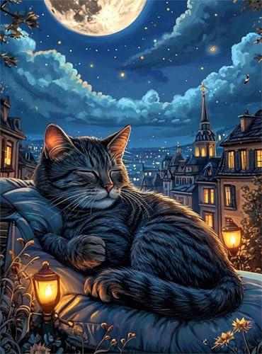 Puzzle für Erwachsene 500 Teile, DIY Kreative Unterhaltung Puzzles, schöne Geschenkidee Jigsaw Puzzle mit Moon City Katze-Motiv von Muaor