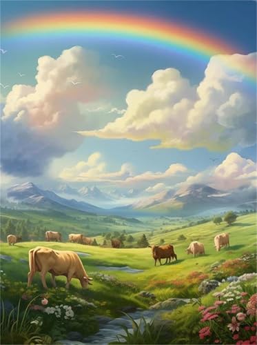 Puzzle für Erwachsene 500 Teile, DIY Kreative Unterhaltung Puzzles, schöne Geschenkidee Jigsaw Puzzle mit Regenbogen-Präriekuh-Motiv von Muaor