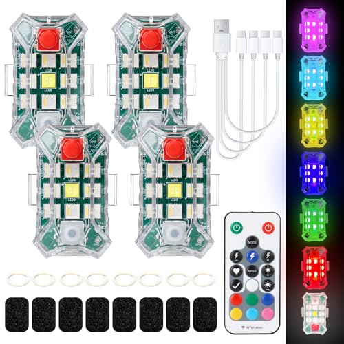 Mucek 4 Stück Drahtloses Auto LED-Blitzlichter Akku mit Fernbedienung, 500mAh Strobe Drone Light mit 7 Farben Hochhelle für Auto, Motorrad, Drohne von Mucek