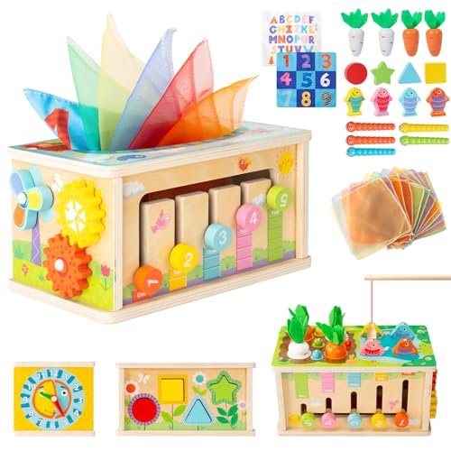 Mucek Montessori Spielzeug Baby ab 6 Monate, 7-in-1 Tücherbox Baby, Holzspielzeug mit 2 Knistertuch, Motorikwürfel Groß Motorikspielzeug, Karotten Steckspiel Holz für Jungen Mädchen Geschenke von Mucek
