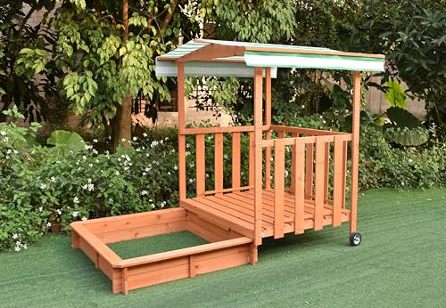 Mucola Sandkasten rollbar Sandbox mit Abdeckung und Sonnenschutz aus Holz für Kinder, 182 x 100 x 140, mit Veranda und Geländer - Grün von Mucola