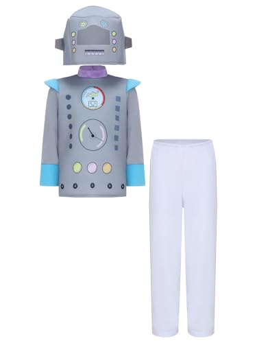 Mufeng 3tlg.Jungen Mädchen Roboter Kostüm Langarm Tops Oberteile + Hose + Helm Space Outfits Kinder Roboter Kleidung Halloween Karneval Fasching Kostüm Grau 98-104 von Mufeng