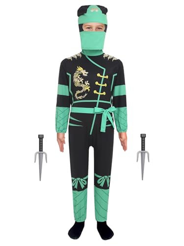 Mufeng 4 Stück Kinder Ninja Kostüm Set Japanischer Ninjas Overall Jumpsuit mit Zubehör Cosplay Ninja Kleidung Für Jungen Mädchen Grün 128-140 von Mufeng