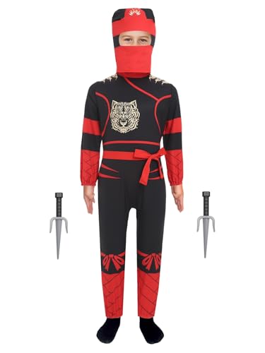 Mufeng 4 Stück Kinder Ninja Kostüm Set Japanischer Ninjas Overall Jumpsuit mit Zubehör Cosplay Ninja Kleidung Für Jungen Mädchen Rot 104-110 von Mufeng