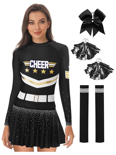Mufeng 4tlg.Damen Cheer Leader Kostüm Langarm Cheerleading Kleid mit Socken Pompoms Haarband Cheerleading Uniform Halloween Karneval Fasching Kostüm Schwarz S Mufeng 4tlg.Damen Cheer Leader Kostüm Langarm Cheerleading Kleid mit Socken Pompoms Haarband Cheerleading Uniform Halloween Karneval Fasching Kostüm Schwarz S von Mufeng