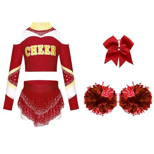 Mufeng 4tlg.Mädchen Cheer Leader Kostüm Cheerleading Uniform Langarm Crop Tops mit Pompoms Haarband Tanzkleid Halloween Karneval Fasching Kostüm Burgund 134-140 Mufeng 4tlg.Mädchen Cheer Leader Kostüm Cheerleading Uniform Langarm Crop Tops mit Pompoms Haarband Tanzkleid Halloween Karneval Fasching Kostüm Burgund 134-140 von Mufeng