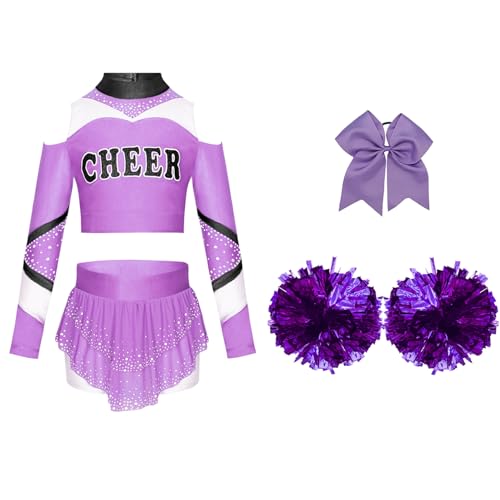 Mufeng 4tlg.Mädchen Cheer Leader Kostüm Cheerleading Uniform Langarm Crop Tops mit Pompoms Haarband Tanzkleid Halloween Karneval Fasching Kostüm Hellviolett 110-116 Mufeng 4tlg.Mädchen Cheer Leader Kostüm Cheerleading Uniform Langarm Crop Tops mit Pompoms Haarband Tanzkleid Halloween Karneval Fasching Kostüm Hellviolett 110-116 von Mufeng
