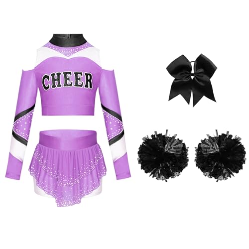 Mufeng 4tlg.Mädchen Cheer Leader Kostüm Cheerleading Uniform Langarm Crop Tops mit Pompoms Haarband Tanzkleid Halloween Karneval Fasching Kostüm Hellviolett Schwarz 146-152 Mufeng 4tlg.Mädchen Cheer Leader Kostüm Cheerleading Uniform Langarm Crop Tops mit Pompoms Haarband Tanzkleid Halloween Karneval Fasching Kostüm Hellviolett Schwarz 146-152 von Mufeng