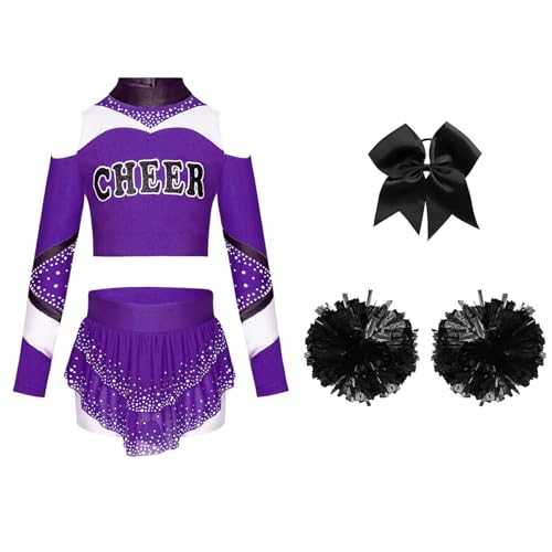 Mufeng 4tlg.Mädchen Cheer Leader Kostüm Cheerleading Uniform Langarm Crop Tops mit Pompoms Haarband Tanzkleid Halloween Karneval Fasching Kostüm Lila Schwarz 170-176 Mufeng 4tlg.Mädchen Cheer Leader Kostüm Cheerleading Uniform Langarm Crop Tops mit Pompoms Haarband Tanzkleid Halloween Karneval Fasching Kostüm Lila Schwarz 170-176 von Mufeng