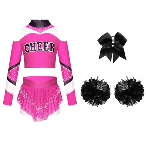 Mufeng 4tlg.Mädchen Cheer Leader Kostüm Cheerleading Uniform Langarm Crop Tops mit Pompoms Haarband Tanzkleid Halloween Karneval Fasching Kostüm Pink Schwarz 158-164 Mufeng 4tlg.Mädchen Cheer Leader Kostüm Cheerleading Uniform Langarm Crop Tops mit Pompoms Haarband Tanzkleid Halloween Karneval Fasching Kostüm Pink Schwarz 158-164 von Mufeng