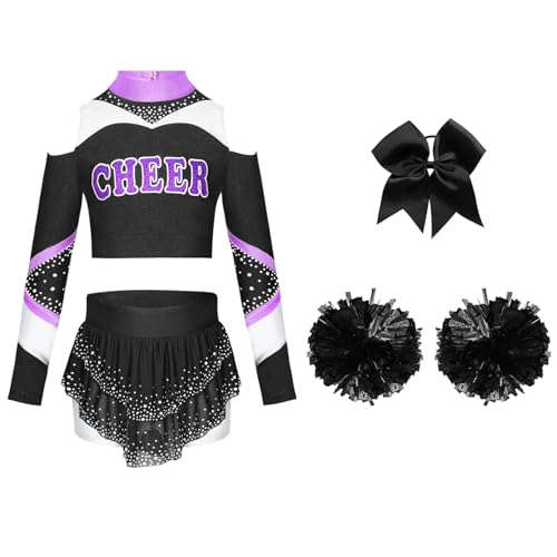 Mufeng 4tlg.Mädchen Cheer Leader Kostüm Cheerleading Uniform Langarm Crop Tops mit Pompoms Haarband Tanzkleid Halloween Karneval Fasching Kostüm Schwarz 146-152 Mufeng 4tlg.Mädchen Cheer Leader Kostüm Cheerleading Uniform Langarm Crop Tops mit Pompoms Haarband Tanzkleid Halloween Karneval Fasching Kostüm Schwarz 146-152 von Mufeng