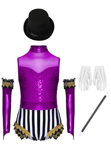 Mufeng 5 Stück Mädchen Zirkus Kostüm Zirkusdirektor Uniform Glitzer Tanzbody Pailletten Body Overall Circus Outfits Halloween Karneval Fasching Lila 158-164 Mufeng 5 Stück Mädchen Zirkus Kostüm Zirkusdirektor Uniform Glitzer Tanzbody Pailletten Body Overall Circus Outfits Halloween Karneval Fasching Lila 158-164 von Mufeng
