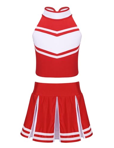 Mufeng Cheerleader Kostüm Für Mädchen Sport Top + Faltenrock Cheerleader Uniform Set Ohne Pompon Mini Schulkleid Schülerin Cosplay Karneval Rot&Weiß 152 von Mufeng