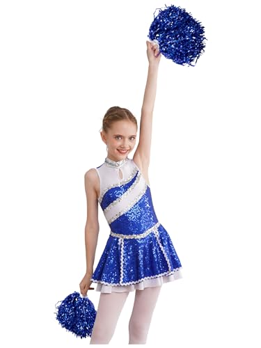 Mufeng Cheerleaderkostüm Für Mädchen Schuluniform Mit Pailletten Karnevalskleid Cheerleadingkostüm Mit Puscheln Karnevalskleid Halloween Oder Sportveranstaltung Königsblau 110-116 von Mufeng
