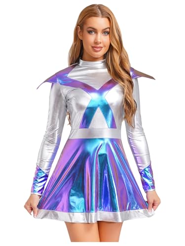 Mufeng Damen Alien Kostüm Astronauten Weltraum Kostüm Glänzend Space Girl Kleid Metallic Faltenkleid Halloween Karneval Fasching Partykleid Blau XXL Mufeng Damen Alien Kostüm Astronauten Weltraum Kostüm Glänzend Space Girl Kleid Metallic Faltenkleid Halloween Karneval Fasching Partykleid Blau XXL von Mufeng