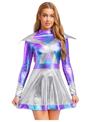 Mufeng Damen Alien Kostüm Astronauten Weltraum Kostüm Glänzend Space Girl Kleid Metallic Faltenkleid Halloween Karneval Fasching Partykleid Silber XXL Mufeng Damen Alien Kostüm Astronauten Weltraum Kostüm Glänzend Space Girl Kleid Metallic Faltenkleid Halloween Karneval Fasching Partykleid Silber XXL von Mufeng