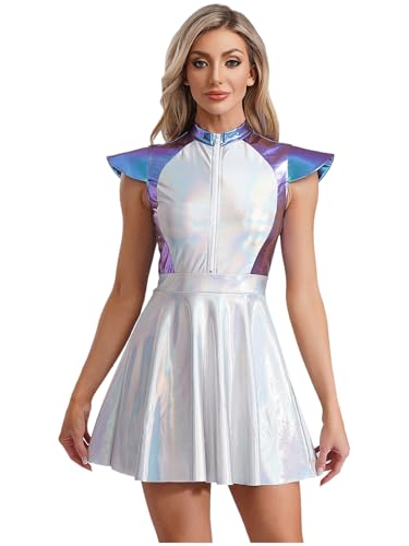 Mufeng Damen Alien Kostüm Space Girl Kleid Metallic Minikleid Skaterkleid Weltall Astronauten Kostüm Halloween Karneval Fasching Partykleid Blau L von Mufeng