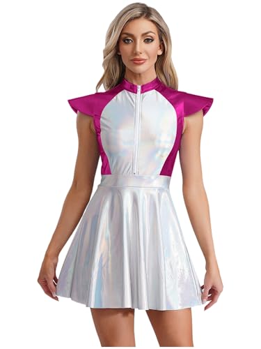 Mufeng Damen Alien Kostüm Space Girl Kleid Metallic Minikleid Skaterkleid Weltall Astronauten Kostüm Halloween Karneval Fasching Partykleid Dunkel Rosa XL von Mufeng