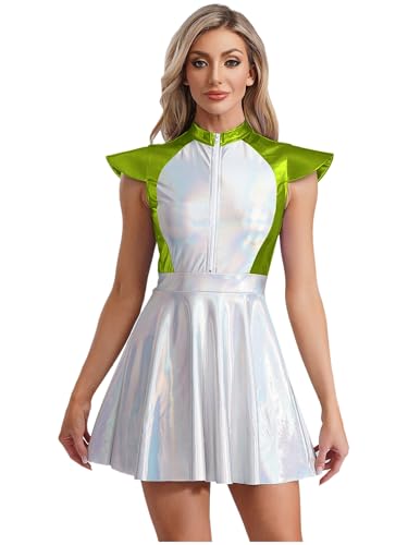 Mufeng Damen Alien Kostüm Space Girl Kleid Metallic Minikleid Skaterkleid Weltall Astronauten Kostüm Halloween Karneval Fasching Partykleid Grün L von Mufeng