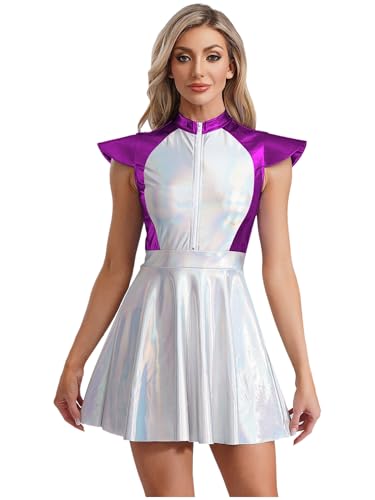 Mufeng Damen Alien Kostüm Space Girl Kleid Metallic Minikleid Skaterkleid Weltall Astronauten Kostüm Halloween Karneval Fasching Partykleid Lila S von Mufeng