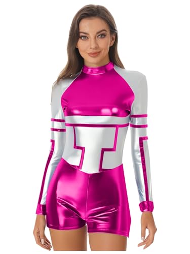 Mufeng Damen Alien Kostüm Weltraum Astronauten Kostüm Metallic Body Overall Tanzbody Halloween Karneval Fasching Tanzkostüm Dunkel Rosa XL von Mufeng