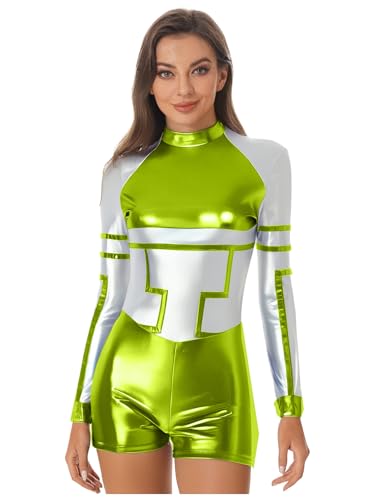 Mufeng Damen Alien Kostüm Weltraum Astronauten Kostüm Metallic Body Overall Tanzbody Halloween Karneval Fasching Tanzkostüm Leuchtendes Grün L von Mufeng
