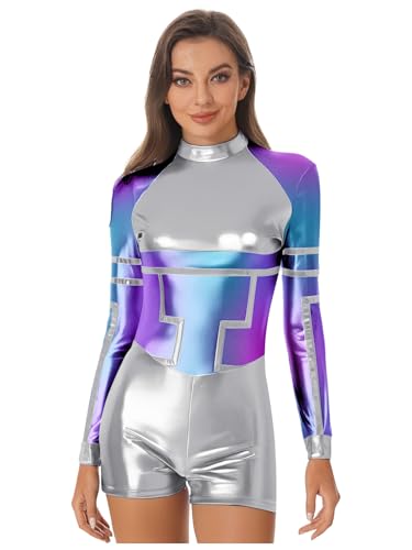 Mufeng Damen Alien Kostüm Weltraum Astronauten Kostüm Metallic Body Overall Tanzbody Halloween Karneval Fasching Tanzkostüm Silber S von Mufeng