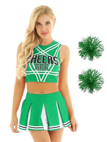 Mufeng Damen Cheerleading Kostüm Ärmellos Tank Tops + Minirok + Pompoms Cheer Leader Set Halloween Party Cosplay Kostüm Grün B XL von Mufeng