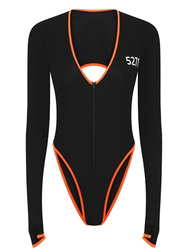 Mufeng Damen Gefangener Kostüm Orange Sträfling Kostüm Prisoner Body Overall Langarm Bodysuit Halloween Karneval Faschingskostüm Schwarz S von Mufeng