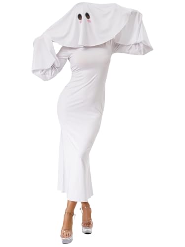 Mufeng Damen Ghost Kleid mit Geist Umhang Halloween Geist Kostüm Halloween Karneval Fasching Mottoparty Weiß S von Mufeng