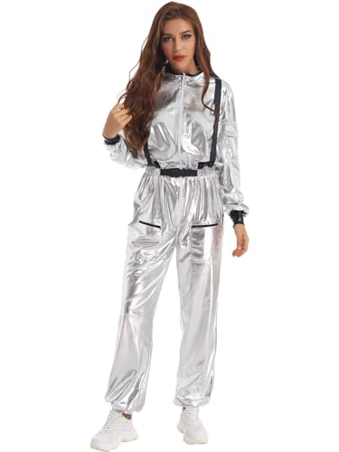 Mufeng Damen Metallic Astronaut Kostüm Langarm Weltall Raumfahrer Outfit Jumpsuit Overall Glänzend Spaceman Kostüm Cosplay Silber 3XL von Mufeng