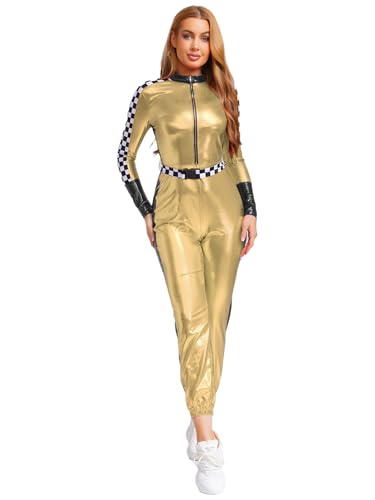 Mufeng Damen Rennfahrer Kostüm Rennfahrerin Race Girl Kostüm Metallic Jumpsuit Overall mit Gürtel Ganzkörperanzug Karneval Fasching Kostüm Gold XXL Mufeng Damen Rennfahrer Kostüm Rennfahrerin Race Girl Kostüm Metallic Jumpsuit Overall mit Gürtel Ganzkörperanzug Karneval Fasching Kostüm Gold XXL von Mufeng