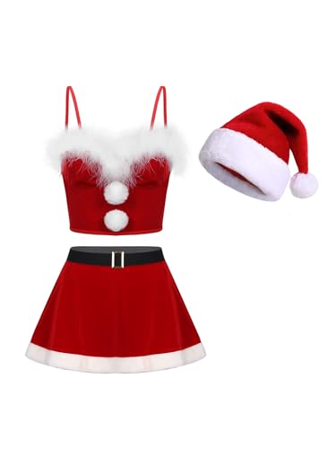 Mufeng Damen Weihnachten Kostüm Ärmellos Santa Crop Top + Weihnachtsrock + Weihnachtshut Weihnachtsfrau Kostüm Bühnenauftritt Party A Rot 3XL von Mufeng