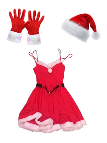 Mufeng Damen Weihnachten Kostüm Weihnachtself Kostüm + Weihnachtsmütze + Handschuhe Weihnachtsfrau Kostüm Set Fasching Cosplay F Rot XL von Mufeng