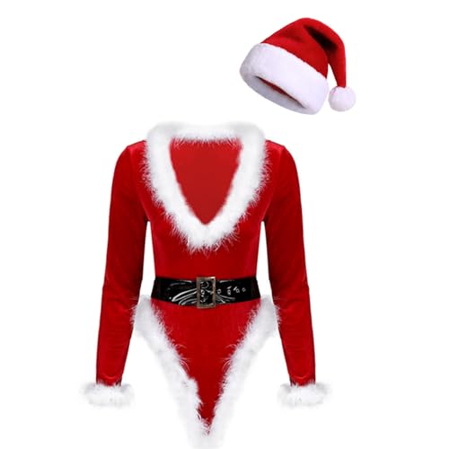 Mufeng Damen Weihnachtskostüm Langarm Weihnachten Dessous Set Bodysuit mit Weihnachtsmütze Christmas Kostüm Cosplay Party B Rot 3XL von Mufeng