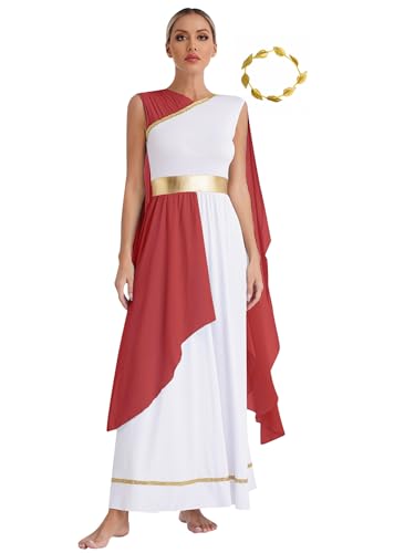 Mufeng Historisches Römisches Kostüm Damenkleid Griechische Göttin Toga Kaiserin Mit Goldener Kopfbedeckung Kostüm Der Athena Elegantes Operakleid Für Halloween Burgund XXL von Mufeng