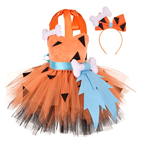 Mufeng Höhlenmensch Kostüm Mädchen Hexenkleid Tutu Prinzessin Kostüm Kopfschmuck Primitives Verkleidung Karneval Halloween Cosplay Orange 134-140 von Mufeng