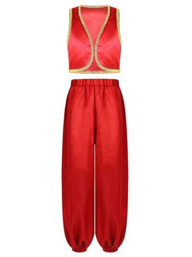 Mufeng Jungen Arabische Kleidung Arabisch Prinz Kostüm Satin Weste + Haremshose Orient Sultan Kostüm Karneval Fasching Verkleidung Rot 122-128 von Mufeng