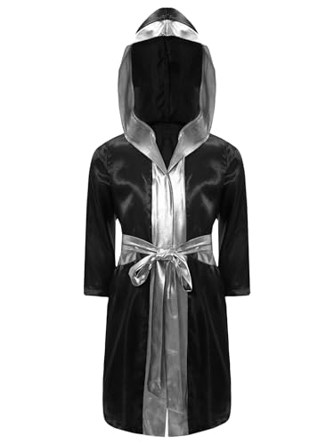 Mufeng Jungen Kickboxer Robe Satin Boxer Mantel Muay Thai Boxkampf Umhang Cape Langarm Bademantel Kapuze Morgenmantel mit Gürtel A Schwarz Silber 134-140 Mufeng Jungen Kickboxer Robe Satin Boxer Mantel Muay Thai Boxkampf Umhang Cape Langarm Bademantel Kapuze Morgenmantel mit Gürtel A Schwarz Silber 134-140 von Mufeng