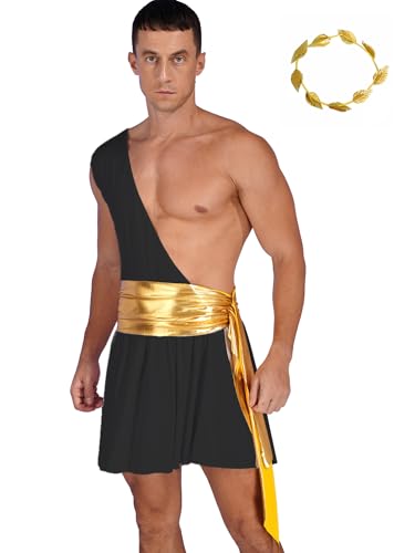 Mufeng Kaiser Kostüm Gladiator Krieger Einschulter Toga Griechischer Römischer Gott Cäsar Gewand Mit Goldenem Gürtel Mit Kopfbedeckung Karneval Cosplay Schwarz XXL von Mufeng