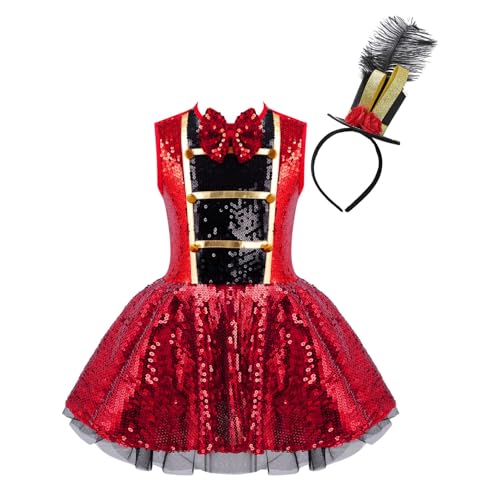 Mufeng Karnevalskostüm Mädchen Pailletten Leotard Schleifenkleid Dompteur Zirkus Haarreif Zylinder Dompteur Moderator Cosplay Verkleidung Halloween Kostüm Rot 164 von Mufeng