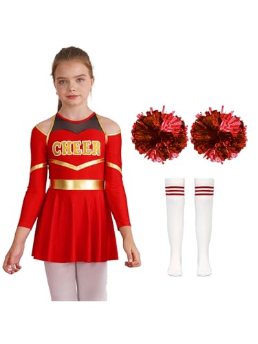Mufeng Kinder Mädchen Cheer Leadering Kostüm Langarm Cheer Leader Minikleid + Socken + Pompoms + Handblumen Halloween Cosplay Kostüm Ein Rot 122-128 von Mufeng