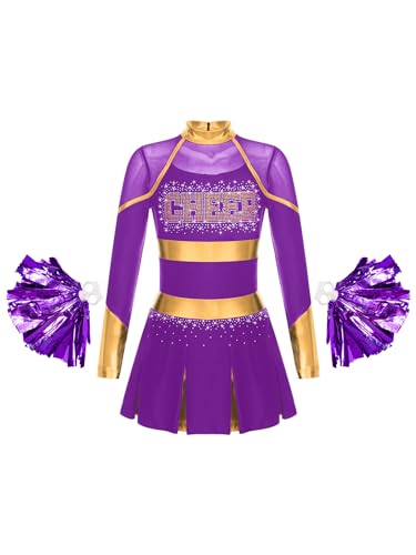Mufeng Kinder Mädchen Cheer Leadering Kostüm Langarm Cheer minikleid mit Strass + Pompoms Cosplay Party Karneval Kostüm Lila 146-152 Mufeng Kinder Mädchen Cheer Leadering Kostüm Langarm Cheer minikleid mit Strass + Pompoms Cosplay Party Karneval Kostüm Lila 146-152 von Mufeng