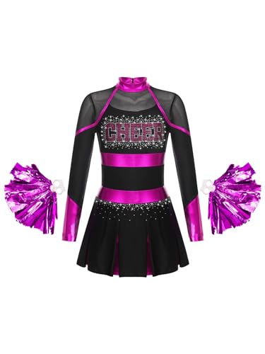 Mufeng Kinder Mädchen Cheer Leadering Kostüm Langarm Cheer minikleid mit Strass + Pompoms Cosplay Party Karneval Kostüm Schwarz & Hot Pink 122-128 Mufeng Kinder Mädchen Cheer Leadering Kostüm Langarm Cheer minikleid mit Strass + Pompoms Cosplay Party Karneval Kostüm Schwarz & Hot Pink 122-128 von Mufeng