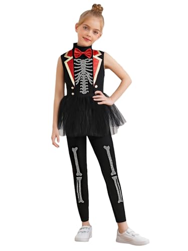 Mufeng Kinder Mädchen Skelett Kostüm Ärmellos Overll Jumpsuit mit Tutu Rock Sensenmann Kostüm Halloween Karneval Fasching Verkleidung Schwarz 122-128 von Mufeng