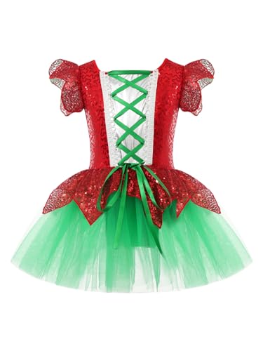 Mufeng Kinder Mädchen Weihnachten Kleid Flatterärmel Weihnachtskostüm Weihnachtsfrau Kleid mit Schnür Cosplay Weihnachtsfeiern Rot 170-176 von Mufeng