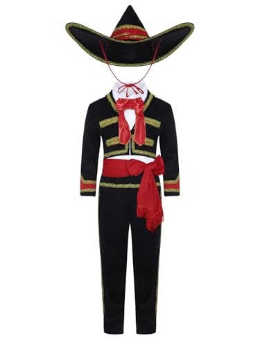 Mufeng Kinder Mexikanisches Kostüm Jungen Mariachi Anzug Langarm Jacke + Hose + Hut Halloween Karneval Mexikaner Tanzkostüm Schwarz Rot 146-152 Mufeng Kinder Mexikanisches Kostüm Jungen Mariachi Anzug Langarm Jacke + Hose + Hut Halloween Karneval Mexikaner Tanzkostüm Schwarz Rot 146-152 von Mufeng